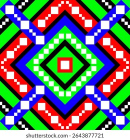 A bold and colorful seamless pixel pattern featuring a green and red diamond center, accented with blue and purple elements.