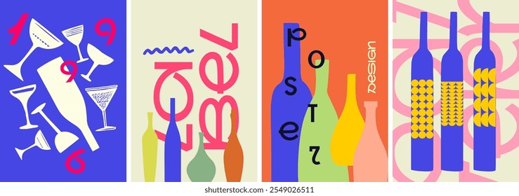 A bold, colorful set of creative wine posters with abstract illustrations and retro-inspired typography, perfect for menus, banners, and wine events.