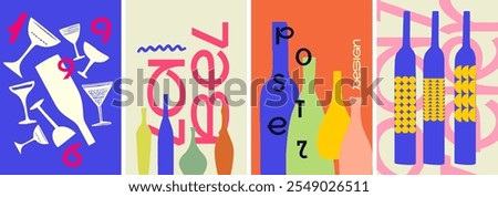 A bold, colorful set of creative wine posters with abstract illustrations and retro-inspired typography, perfect for menus, banners, and wine events.