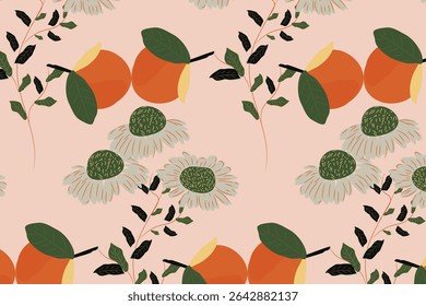 Bold, colorful tropical citrus fruits combined with lush florals and palm leaves for vibrant summer decor and apparel.