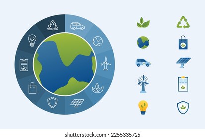 Una atrevida y colorida ilustración vectorial que muestra diversas fuentes de energía renovable como la solar, la eólica y la hidroeléctrica, con un desastre. Perfecto para su uso en campañas de energía sostenible y ambientales.