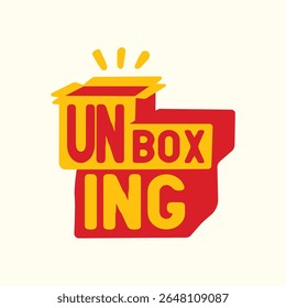 Bold, colorful vector illustration of the word “UNBOXING” with an open box and expressive typography. Ideal for YouTube thumbnails, e-commerce, packaging, and content creators.
