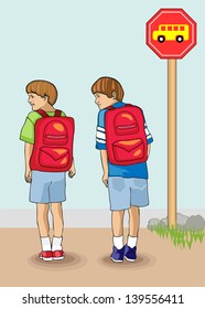 Bold   colorful vectors illustration two young brothers waiting for the school bus at the end their driveway the first day school   all  layers labeled for easy edits 