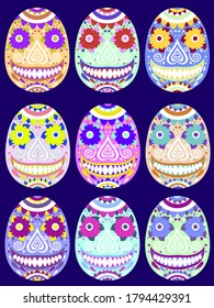 Bold colors calavera set stock vector illustration. Smiling sugar skulls traditional mexican festival illustration. Decorative ornamental skulls set for day of the dead. Funny flat flower seleton set.