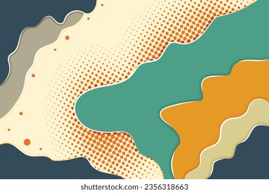 bold colors comic background with wave element and dot circle halftone. papercut style with shadow. outline use white color. combination green, brown, orange and blue. style vector illustration