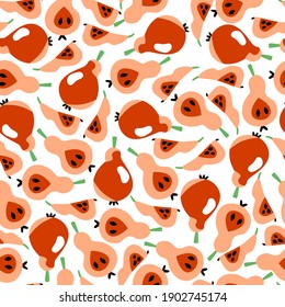 Bold colors pear fruits seamless pattern vector. Juicy whole pears and slices isolated on white vector seamless texture. Perfect pattern for jam packaging, raw food, kitchenware, textile and more