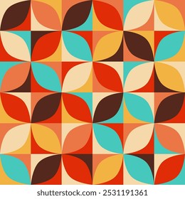Vetgedrukte kleuren retro cirkels mozaïek midden eeuw stijl Vector Patroon. Op-art cirkelsegmenten dambord in pop-art kleuren: blauw, groenblauw, rood, geel, bruin, crème.