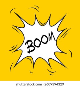 A bold comic book-style "BOOM" explosion graphic with a bright yellow background and dynamic lines. Perfect for pop art, retro design, or fun digital projects.