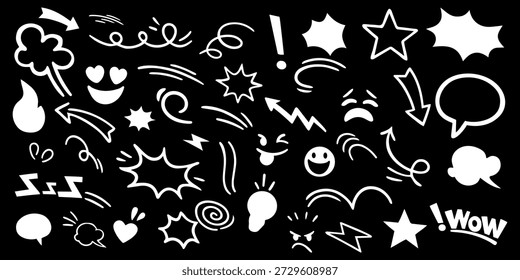 Doodle cómico audaz expresiones de movimiento doodle sobre fondo negro 