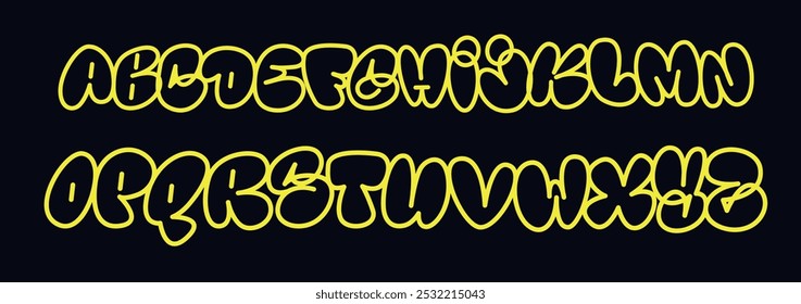 Bold comic style font alphabet in yellow outlined letters with playful, bubble like shapes on a black background. Modern hand drawn vector illustration. 1990 vibe type, Y2K style alphabet