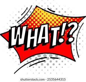 Bold comic style speech bubble with the word what. Expressing surprise, confusion, and disbelief, against a vibrant halftone background