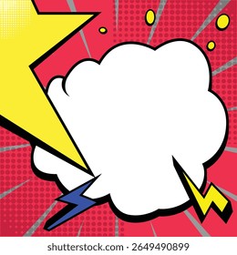 Vette achtergrond in comic-stijl met een grote centrale spraakbubbel, gele ster, kleurrijke bliksemschichten, halftoonpatroon en levendige rode starburst-stralen. Ideaal voor stripboekontwerpen, pop art hen