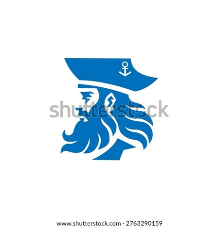 A bold and commanding minimalist logo in ocean blue, depicting the profile of a bearded sea captain.