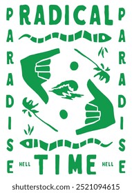 Ilustración audaz y conceptual que combina símbolos abstractos, vibraciones tropicales y una reflexión filosófica sobre el paraíso y el tiempo, con manos, serpientes y plantas en una composición dinámica.