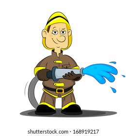 bold, confident firefighter holding a hose with water