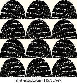 Bold, contemporary black and white textured semicircles in geometric row design. Vector seamless pattern in hand printed style. Great for marketing, kitchen products, stationery, packaging, giftwrap.