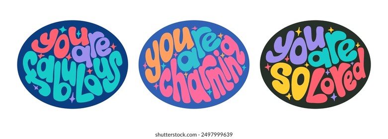 Bold contrast set of Self love hand drawn lettering in flat style with chunky characters in confident colors. Hand drawn slogans in ellipse shape on contrast background. Self care quote.