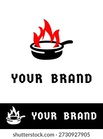 Un audaz diseño de logotipo de cocina con una sartén con llamas que se elevan desde ella
