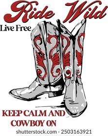 Bold cowboy boot illustration with the phrases 'Ride Wild, Live Free, Keep Calm and Cowboy On.' Perfect for Western-themed apparel, posters, or prints celebrating the free-spirited cowboy lifestyle