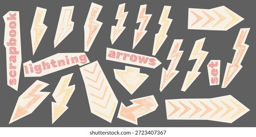 Bold crayon arrow collection featuring hand-drawn doodles and scribbles. Vibrant collage of thick vector arrows with notebook textures and fun grunge details. Elements cut from old paper.