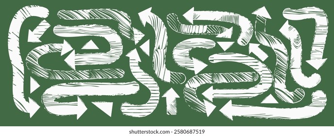 Bold crayon arrow symbol in grunge style, hand-drawn abstract shape. Vector set of pencil and chalk elements. Organic squiggles and scribbles. White handwritten strokes on chalkboard background