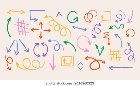 Bold crayon arrows. Doodle arrow collection, color rough child pencil scribble pointers direction signs, sketchy line and marks, simple hand drawn brush elements. Vector arrows set.