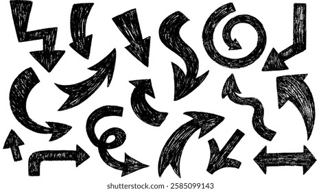 Bold crayon drawn arrows set. Collection of thick kid grunge geometric abstract arrows. Grunge doodle black different directions. Vector elements with pencil texture, scribble icons
