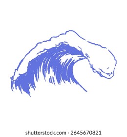 Bold crayon wave in motion, created in vector hand drawn chalk for sea travel projects, nature posters, beach decor, coastal surf themes, tropical minimalist illustrations.