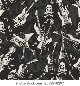 A bold and creative pattern featuring various electric guitars skulls and flames. The design reflects a rock music theme with stylized elements in a striking color scheme.