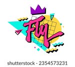 Bold creative slang lettering design in  90s style - Fly. Isolated hand drawn typography design element. A text with bright colors on a geometric background. Vector inscription in free style script.