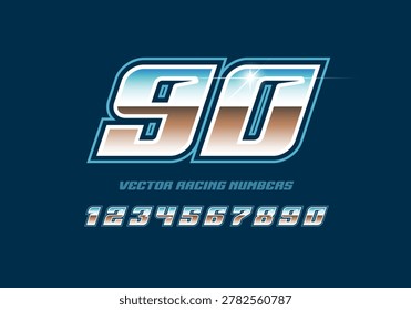 Bold Crome racing numbers set in sports style dynamic typography in shiny metallic texture for racing sport signs and Sportswear apparel print design - editable vector template