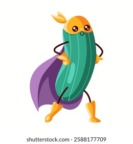 A bold cucumber superhero with a golden mask and purple cape, standing with confidence. A fun and friendly character ideal for kids' content and healthy eating concepts.