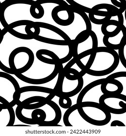 Bold Curly Lines pattern in Black and White colors. Abstract Squiggle Wavy print. Naive playful squiggle background. Childish, Doodle drawing. Vector illustration.