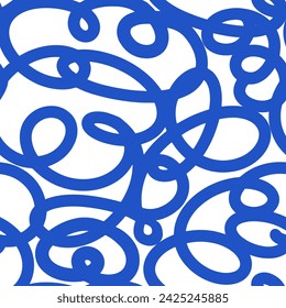 Bold Curly Lines pattern in Blue and White colors. Abstract Squiggle Wavy print. Naive playful background. Childish, Doodle drawing. Vector illustration.