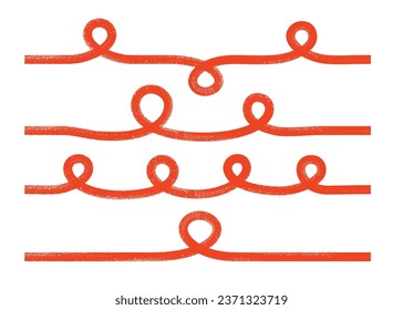 Bold curly lines, red squiggles set. Vector illustration with textored strokes.