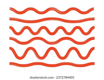 Bold curly lines, red waves set. Vector illustration with textored strokes.