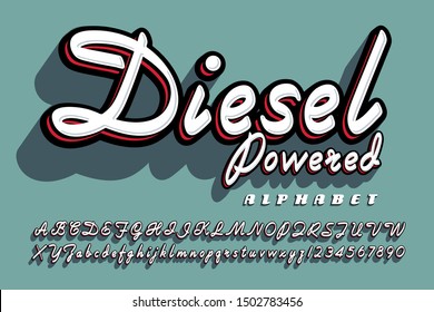 ein gewagtes kursives Skript-Alphabet mit Schlagschatteneffekten; Diesel Powered Font hat ein fünfzigjähriges Flair.