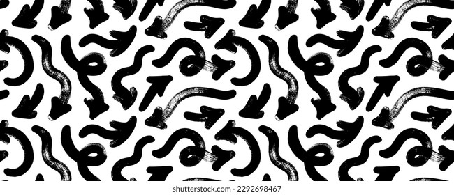 Bold curved arrows seamless pattern. Brush drawn vector thick curved arrows with grunge texture. Different wavy bold lines. Black and white ink illustration. Seamless geometric banner. 