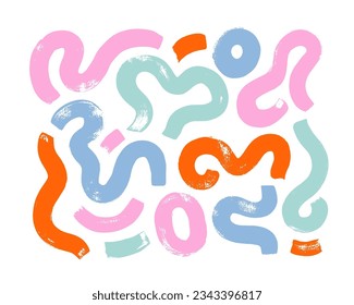 Bold curved colorful lines and circles isolated on white background. Brush drawn wavy bold lines with circles. Abstract curved strokes. Vector multi colored elements. Simple squiggle smears.