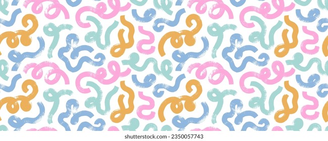 Bold curved colorful lines and squiggles seamless banner design. Seamless pattern with thick doodle smears. Creative grunge style art background for children or trendy design with basic line shapes.