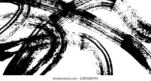 Bold, curved distressed paint smears on an abstract banner. Thick, hand-drawn brush strokes with rough grunge texture. Vector punk background featuring irregular painted lines.