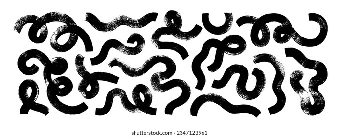 Bold curved lines and doodle smears collection. Hand drawn vector curly brush strokes with loops, spirals and swirls. Organic curly lines elements isolated on white background. Squiggles and doodles.