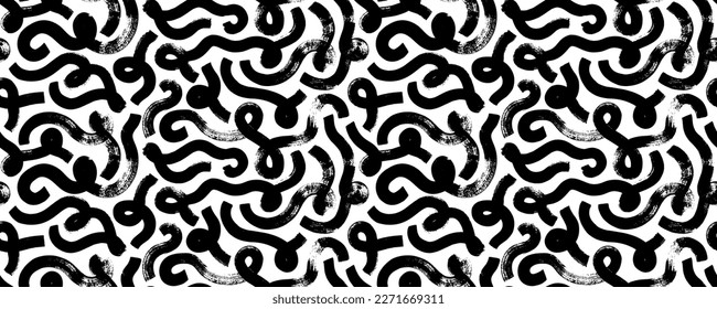 Patrón sin fisuras de líneas curvas negrita. Se inundan y florecen los adornos. Doodles desordenados, trazos de pincel ondulados, giros y líneas de bucle. Patrón orgánico vectorial sin fisuras. Textura de grifo geométrico.