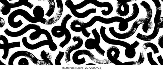 Bold curved lines seamless pattern. Swashes and flourishes ornament. Messy doodles, bold curvy brush strokes, twirls and loop lines. Organic vector seamless pattern. Geometric grunge texture.