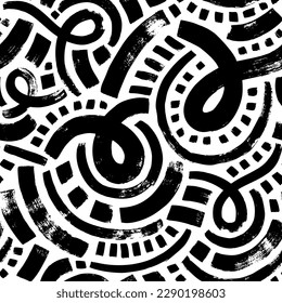 Bold curved lines with small squares seamless pattern. Brush drawn organic geometric background. Grunge vector ornament with messy doodles, bold wavy lines, black curly strokes.