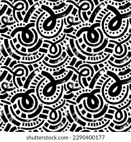 Bold curved lines with small squares seamless pattern. Brush drawn organic geometric background. Grunge vector ornament with messy doodles, bold wavy lines, black curly strokes.