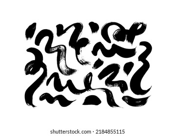 Bold curved lines and wavy brushstrokes collection. Modern grunge brush lines. Hand drawn squiggles, daubs isolated on white background. Scribble brush strokes vector set. Curly vector shapes.