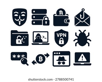 Bold Cybercrime and Hacking Icon Set with Anonymous Mask Locked Server Bitcoin Wallet Phishing Email Ransomware VPN Bug Password Spy Browser and Alert Laptop Symbols