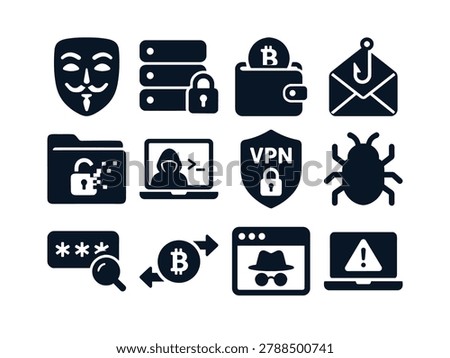 Bold Cybercrime and Hacking Icon Set with Anonymous Mask Locked Server Bitcoin Wallet Phishing Email Ransomware VPN Bug Password Spy Browser and Alert Laptop Symbols