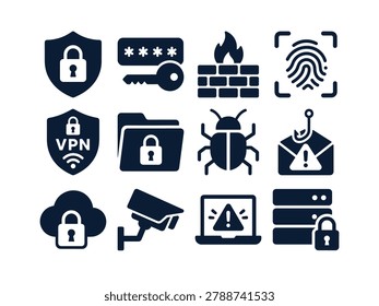 Bold Cybersecurity Icon Set with Security Shield Password Key Firewall Fingerprint Scan VPN Shield Locked Folder Malware Bug Phishing Email Locked Cloud CCTV Camera Hacked Laptop and Secure Server